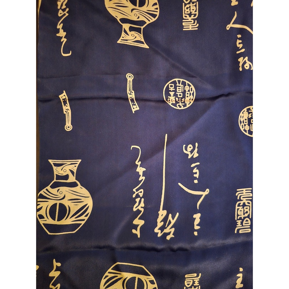 Navy Blue Satin Shawl Scarf with Gold Asian Script and Vase Print Fringe Accent - Picture 7 of 7